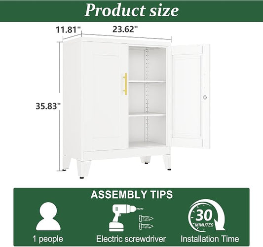 White Metal Storage Cabinet, 36" Tall Locking Storage Cabinet, 12”D | with 2 Adjustable Shelves, Steel Locker Organizer, Metal Freestanding Buffet Cupboards Sideboard for Office, Home, School,2PS