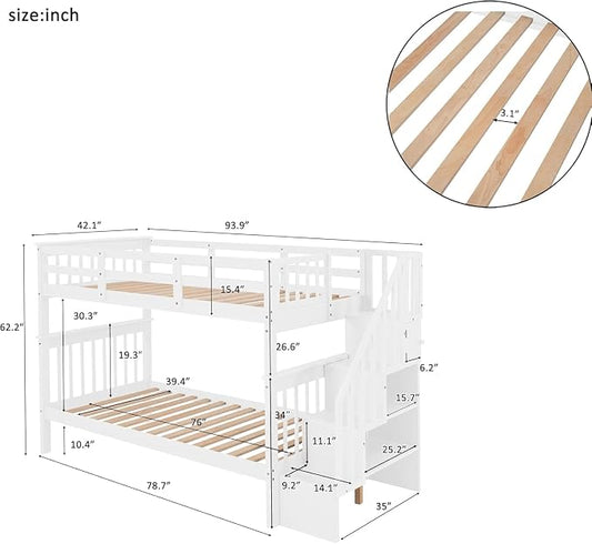 MERITLINE Twin Over Twin Bunk Bed with Storage Staircase, Solid Wood Stairway Convertible Bunk Bed with Stairs (Twin Over Twin,White)