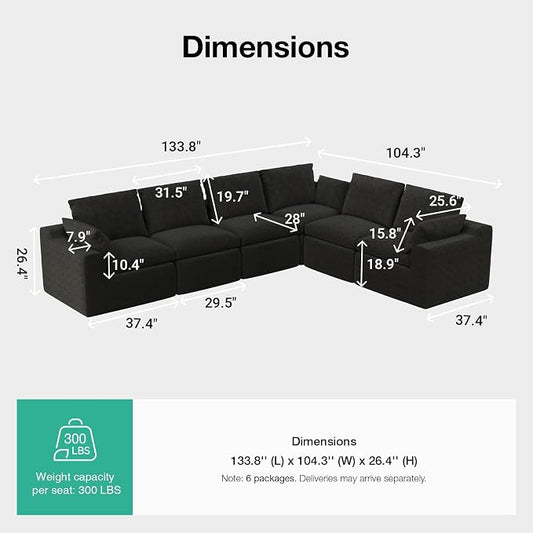 Novilla 133.8" Modular Cloud Couch, Modern Sectional Sofa with Smarts Coil® Support, Chenille Fabric, Upholstered Couch for Living Room Apartments Bedroom, No Assembly, 6 Seater, Dark Grey