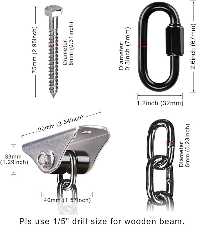 BeneLabel 2Pcs 81" (6.75 ft) Heavy Duty Porch Swing Chain with Silent Swing Hanger 1000LB Capacity Black Hanging Chair Chain Hardware for Indoor Outdoor Bench Swing, Hammock Chairs