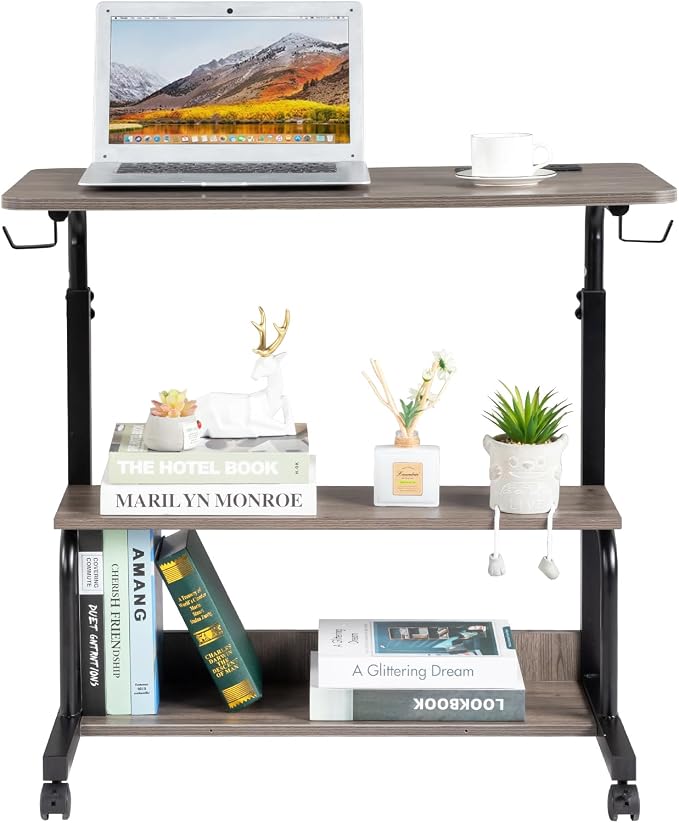 Karl home 31.5" Portable Rolling Desk on Wheels,Height Adjustable Standing Desk with 2 AC Outlets/3 USB Ports,Mobile Laptop Table with Hooks and Storage Shelves for Home Office,Grey Oak