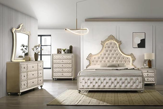 Acme Lucienne Velvet Upholstered Queen Bed with LED in Beige