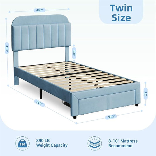 GarveeHome Twin Bed Frame with Drawer, Velvet Upholstered Platform Bed Frame with Storage Headboard, No Box Spring Needed, Easy Assembly, Noise-Free, Blue
