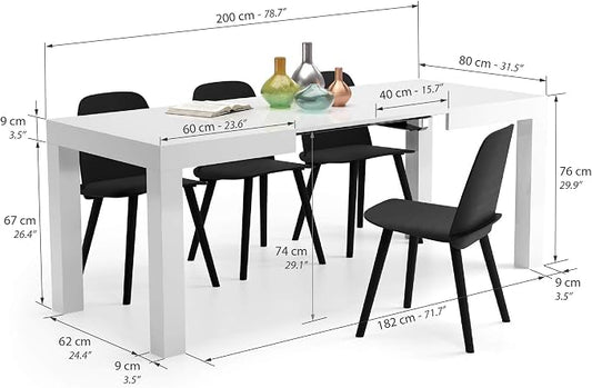 Mobili Fiver, First Extendable Table, 47.2(78.7) x31.5 in, High Gloss White, for 6-8 People, Expandable Dining Table for Kitchen, Living Room, Italian Furniture