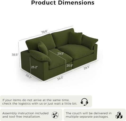 Modular Sectional Sofa Cloud Couch,78.6" Down Filled Comfy Cloud Modern Sofa,2 Seater with Green Linen Couch Cushion Covers Removable Furniture for Living Room