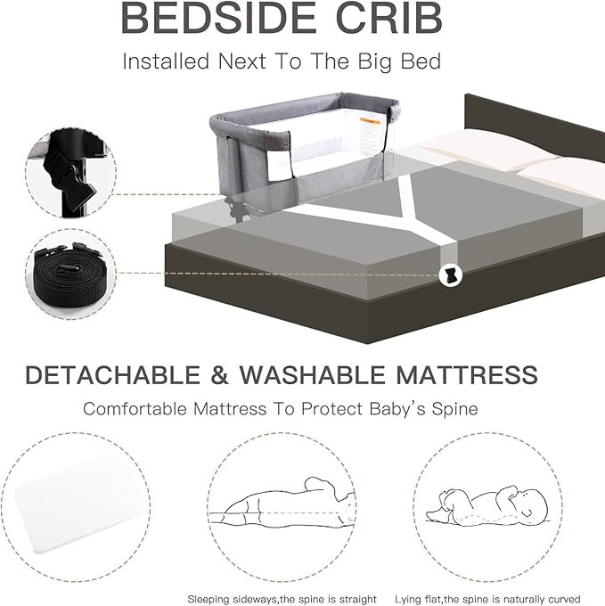 Soobaby 3 in 1 Baby Crib,Bassinet Bedside Crib Adjustable Portable Bed for Infant,Baby Newborn Must Have Bed,Grey