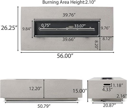 Merax 56" Rectangular MGO Propane Fire Pit Table, 50,000 BTU Outdoor Patio Heater with Modern Concrete Design for Backyard, Deck, Garden (Tank Cover Not Included), Light Grey