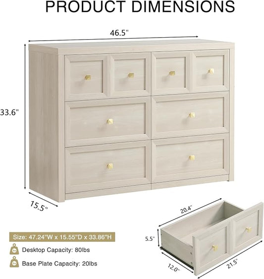 6 Drawers Dresser for Bedroom-46.5" Wide Wooden Chest of Drawers with Large Storage, Long Dresser TV Stand with Drawers, Farmhouse Closet Dressers for Living Room Bedroom, Grey White