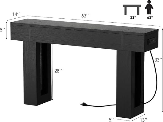 63 Inch Long Console Table w/Outlets & USB Ports, Narrow Rectangular Sofa Table Behind The Couch, Farmhouse Entryway Table for Entrance, Hallway, Living Room(Black with Outlet)