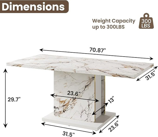 HOMISSUE 70" Faux Marble Dinner Table,Rectangle Modern White Dining Table for 6-8 People,Large Kitchen Furniture Table with Sturdy Base for Dining Room, Living Room, White
