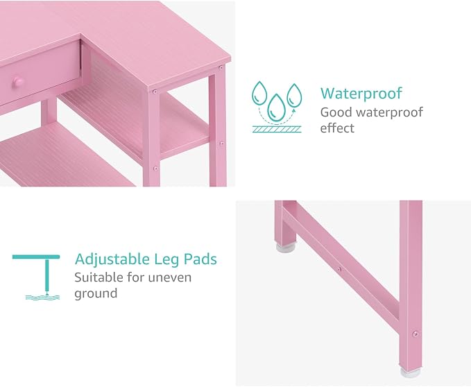 DLisiting Pink Reversible L Shaped Desk with Drawers and Shelves, Small Kids Study Vanity PC Computer Desk with Storage for Girls, Corner L-Shaped Desks for Small Space Bedroom
