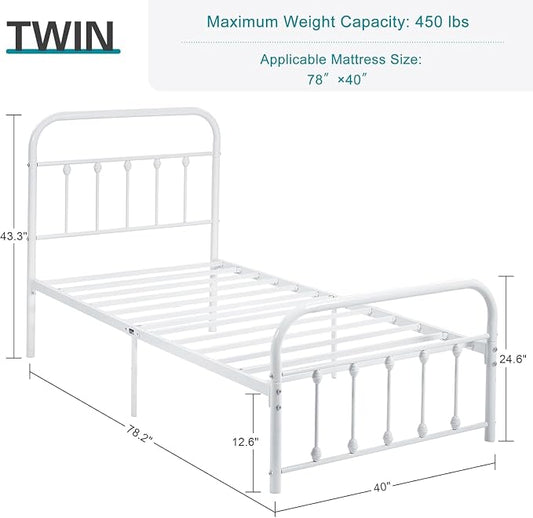 VECELO Twin Size Sturdy Metal Platform Bed Frame Classic Victorian Style Bed Frame with Headboard and Footboard Under Bed Storage No Box Spring Needed White
