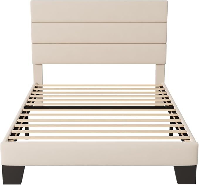 Allewie Twin Size Platform Bed Frame with Fabric Upholstered Headboard and Wooden Slats Support, Fully Upholstered Mattress Foundation/No Box Spring Needed/Easy Assembly, Cream