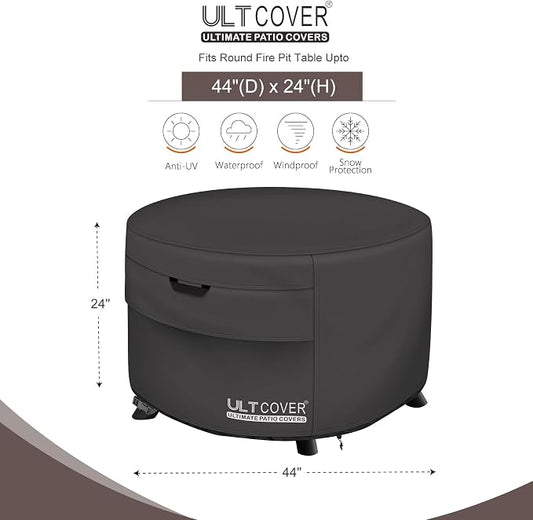 ULTCOVER Patio Fire Pit Table Cover Round 44 inch Outdoor Waterproof Fire Bowl Cover, Black