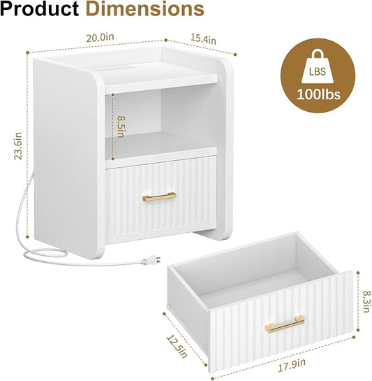 Night Stand with Charger Station - Modern Wood Nightstand with Drawer Storage, Fluted Wide Nightstands Bedside Table, Mid Century Night Stands for Bedroom Home Office Sofa, White