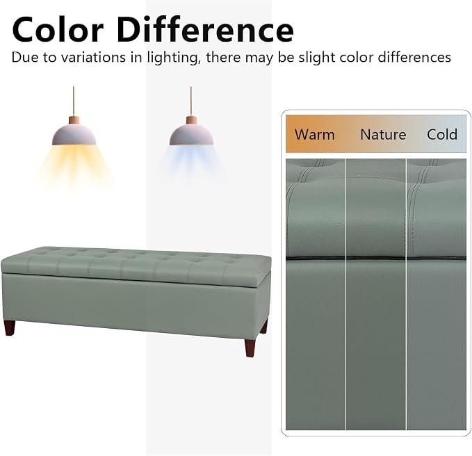Joveco 51 Inch Storage Ottoman Bench,Tufted Leather Storage Bench for Bedroom (51”,Gray Green)
