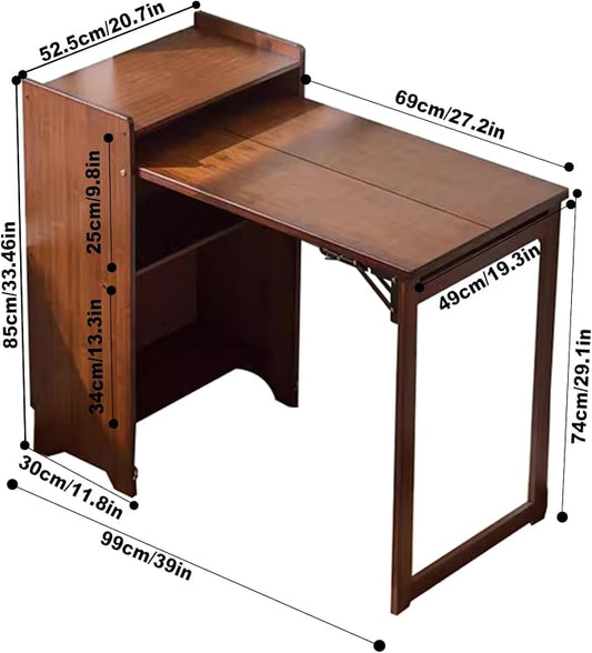 Bamboo Folding Desk with Storage Shelves, Space Saving Mid Century Modern Bookcase with Drop Down Table, Hide Away Desk for Home Bedroom Study Office