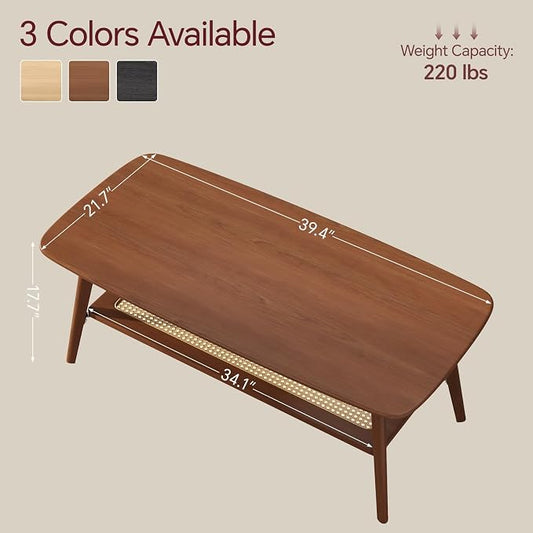 Coffee Table Small Solid Wood Center Table Mid Century Vintage Living Room Coffee Table, Walnut Rattan 39.37 Inch