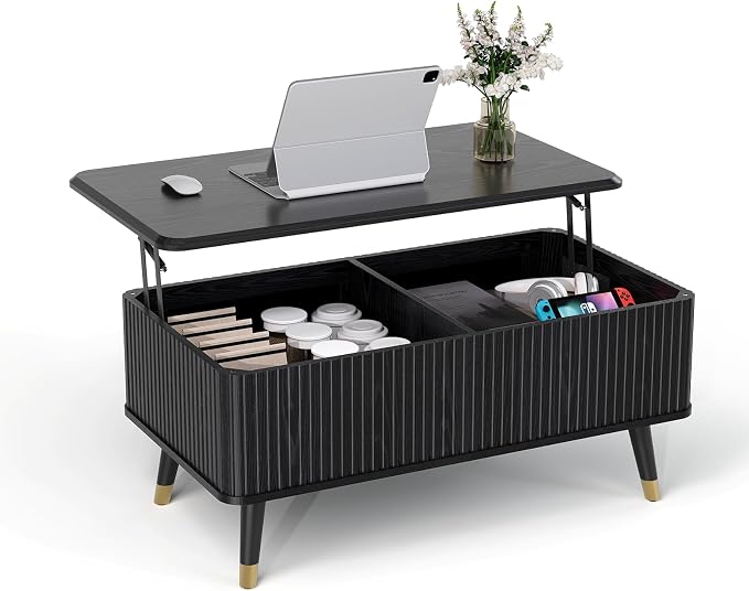 Lift Top Coffee Table with Storage, Modern Coffee Table with Solid Wood Legs, 38" Minimalist Fluted Center Table for Living Room, Home Office, Black