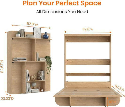 CECER Vertical Murphy Bed Queen,Save Space for Offices/Guest-Natural Wood | Multi-Functional Queen Murphy Cabinet Beds with Storage Shelf/Bookshelf,Sturdy frame & Easy Assemble