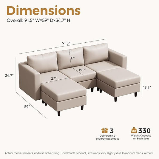 ABCASA Faux Leather U Shaped Modular Sectional Sofa 91.5", 5 Seater Couch with Movable Ottoman Deep Seat and Storage Seat with Removable Cover for Living Room, Apartment - Whitesand