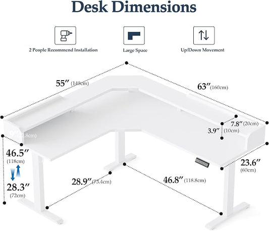 Klicelor L Shaped Electric Standing Desk 63 x 55 inch with Shelf, Height Adjustable Corner Desk, Sit Stand Desk with Storage Shelf, Home Office Computer Table, White
