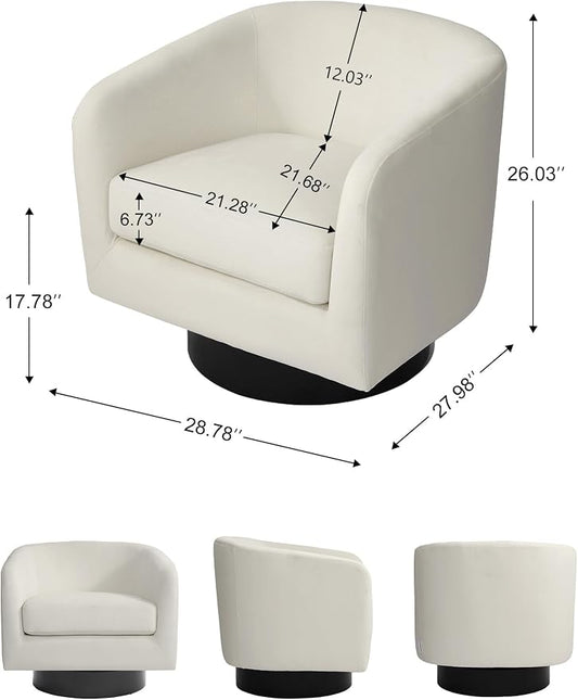 Swivel Barrel Accent Chair, Modern Round Chenille Fabric Arm Chair for Living Room, Bedroom, Comfy Club Reading Chairs for Adults(Velvet Ivory, Set of 1