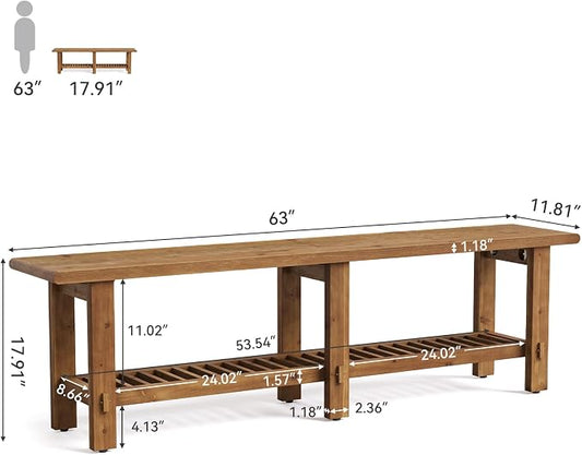 LITTLE TREE Solid Wood Entryway Shoe Bench, 63" Farmhouse Narrow End of Bed Bench with Storage Rack for Bedroom, Living Room, Entry Way, Front Door, Window, Hallway, Rustic Brown