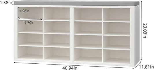 Shoe Rack Bench, Shoe Storage Bench with Cushion, Shoe Organizer 16 Cubbies for Entryway Hallway Bedroom Living Room, Holds Up to 400lbs