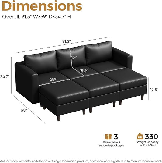 ABCASA 91.5" Faux Leather Luxury Modular Sleeper Sofa Bed with Storage Seat, 6 Seat Sectional Couch Deep Seat with Reversible Chaises & Removable Cover for Living Room - Black