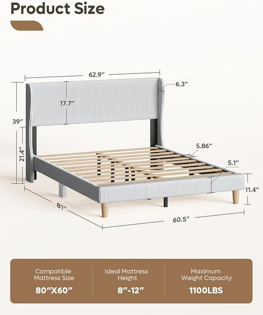 Bestier Queen Bed Frame with Wingback Headboard,Upholstered,Light Grey | No Squeaks,Easy Assembly,Wingback Headboard,Vertical Channel Corduroy Upholstered,Wooden Slats Support,No Box Spring Needed