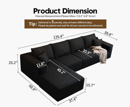 135.4" Cloud Modular Sectional Sofa Couch with L-Shape Chaise,Modern Minimalist Upholstered Couches for Living Room Bedroom,Deep Seat Corner Couch,No Assembly Required (Black,Left Facing Chaise)
