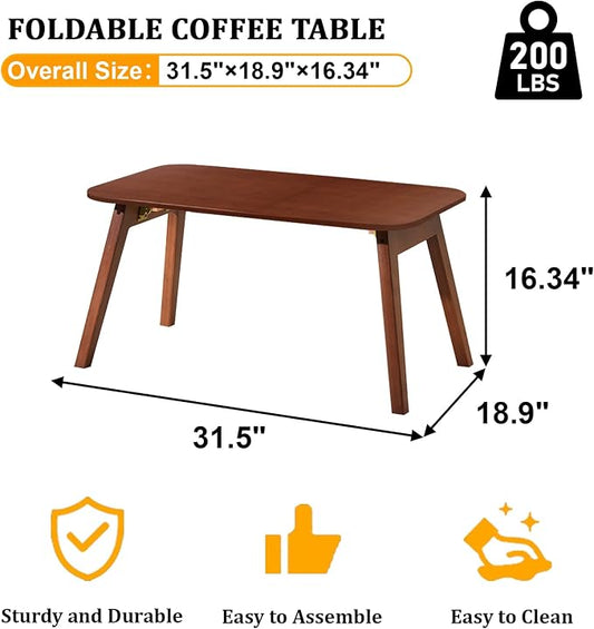 Baveke Folding Coffee Table- Foldable Floor Tables, Mid Century Coffee Table for Living Room, Small Coffee Tables Solid Wood Japanese Low Table for Sitting on Floor, No Assembly, 31.5''-Brown