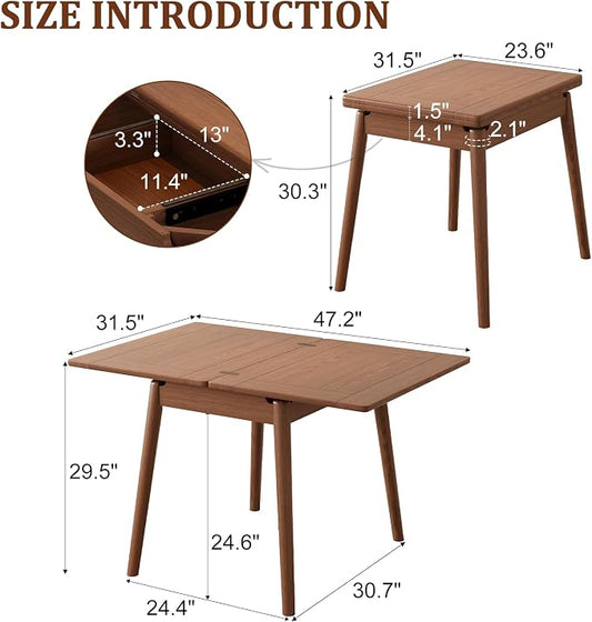 Solid Wood Small Dining Table for 2-6, 23.6"L-47.2"L Expandable Kitchen Table, Designed for Small Spaces, Easy Assembly, Suitable for Kitchen, Dining Room, Living Room, Apartment (Walnut)