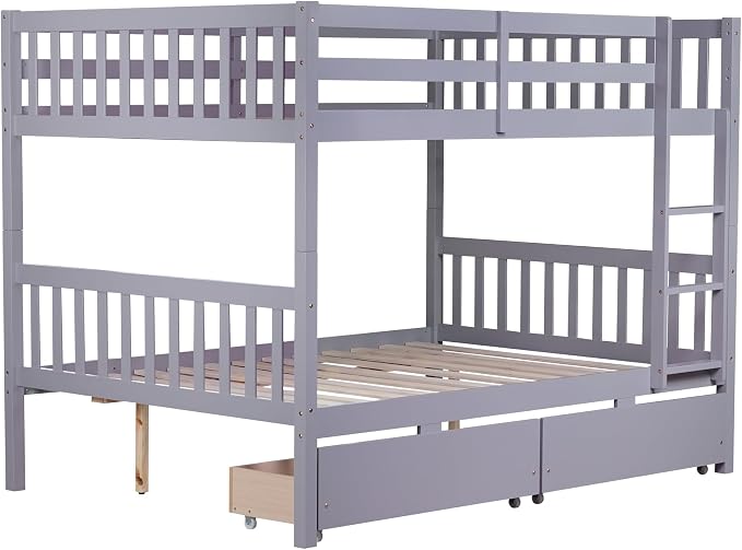 Full Over Full Bunk Bed with Storage Drawers,Convertible Bunk Beds with Ladder & Safety Guardrails,Full Size Bunk Beds for Kids Girls Boys,Grey