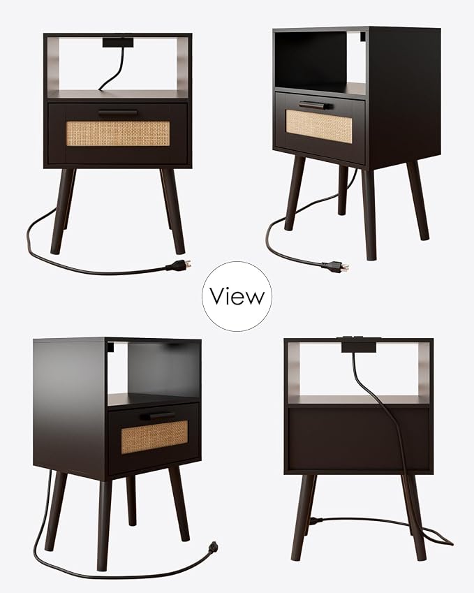 Aienvey Bedroom Nightstands Wooden Night Stands with Rattan Weaving Drawer Home Bedside End Table for Bedroom Storage (Modern-Black)