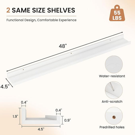 Dreamland Picture Ledge Shelf for Wall, Floating Shelves Set of 2, 48 Inch Long Floating Shelves with Lip for Living Room, Bedroom, Bathroom, Kitchen, White