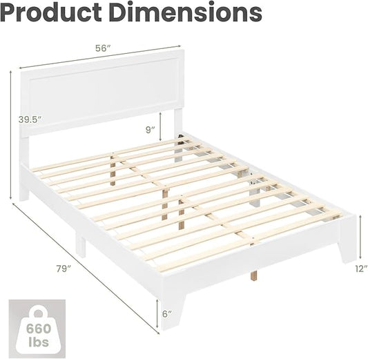 Giantex Full Size Wooden Bed Frame with Headboard, Wood Slat Support | Modern Platform Bed with Heavy Duty Mattress Foundation, Under-Bed Storage, No Box Spring Needed, Easy Assembly (White)