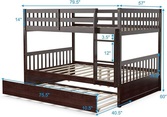 KOMFOTT Wood Full Over Full Bunk Bed with Trundle, Full Bed Frame with Ladder, Solid Wood Frame & Safety Guardrails, Space-Saving Bunk Bed for Teens & Adults, No Box Spring Needed