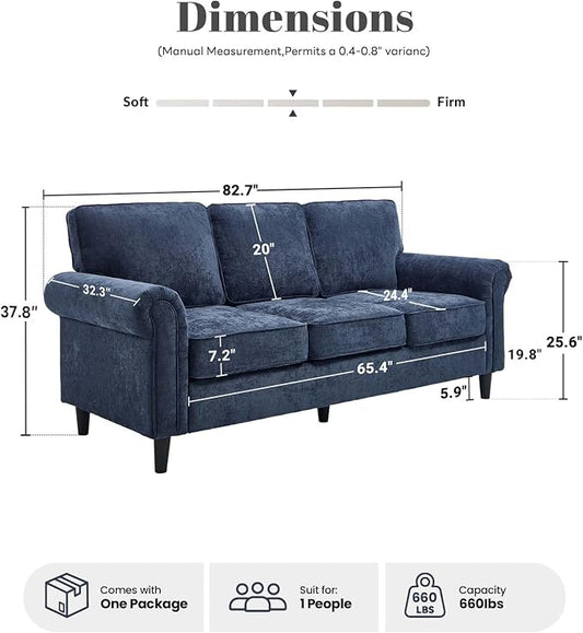 Kingfun 3 Seater Couch, Mid Century Modern Sofa with Rolled Arms and Deep Seats, Fluffy Comfort for Living Room, Apartment, Easy Assembly, Blue