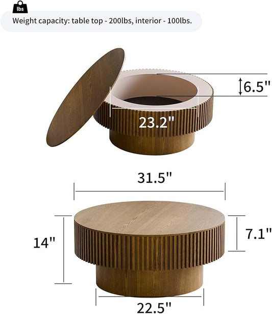 Round Coffee Table with Storage, Modern Wooden Coffee Table with Solid Wood Veneered, Circle Center Table Accent Tea Table for Living Room Apartment Small Space (31.5''L × 31.5''W × 14''H, Brown)