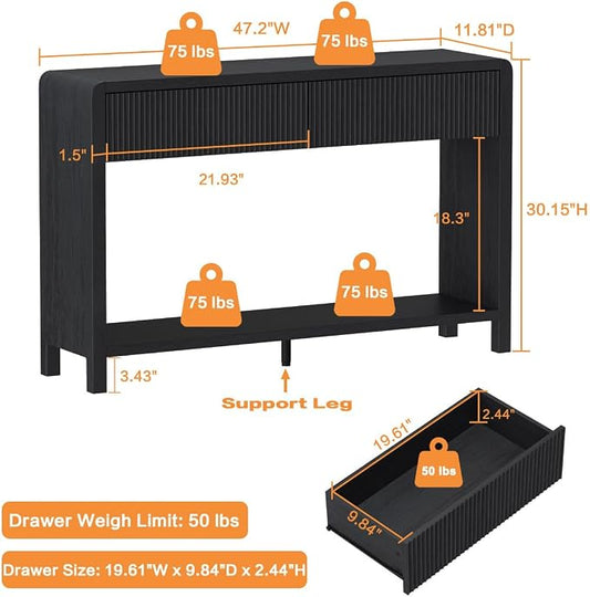 FATORRI Console Table for Entryway, 47.2 inch Modern Sofa Table with 2 Drawers for Living Room, Wood Hallway Tables and Couch Tables Behind Sofa, Black