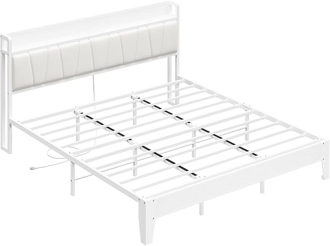 LIKIMIO King Bed Frames, PU Leather Storage Headboard with Charging Station, Solid and Stable, Noise Free, No Box Spring Needed, Easy Assembly, White