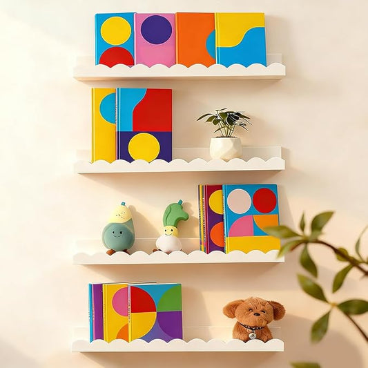 Nursery Book Shelves, Set of 4 Floating Book Shelves, Scalloped Wall Bookshelf for Bedroom, White Decor for Nursery, Baby, Toddler Room