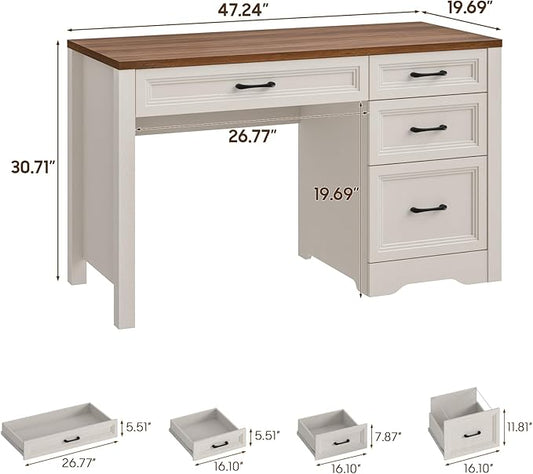 Vabches Farmhouse Executive Desk with Storage and Ample File Drawer, Rustic Large Home Writing Desk for Bedroom, White