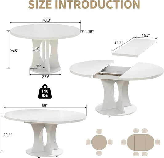 iPormis 43.3-59 Inch Extendable Round Dining Table for 6-8 People, Oval Dinner Table with Adjustable Top and A Stable Round Pedestal Base, Space Saving Wooden Kitchen and Dining Table, White