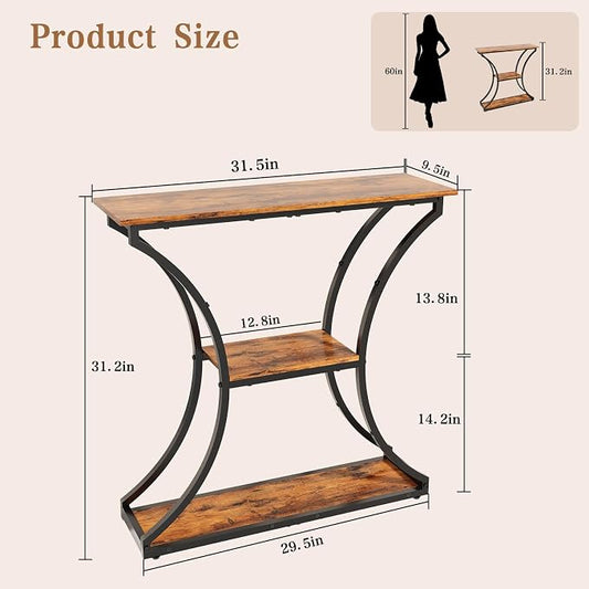 HavenlyYouth Narrow Console Table for Entryway, Industrial 3-Tier Sofa Table Behind Couch, 29.5" Height TV Stand with Storage Shelves for Living Room, Hallway, Entrance, Foyer, Rustic Brown