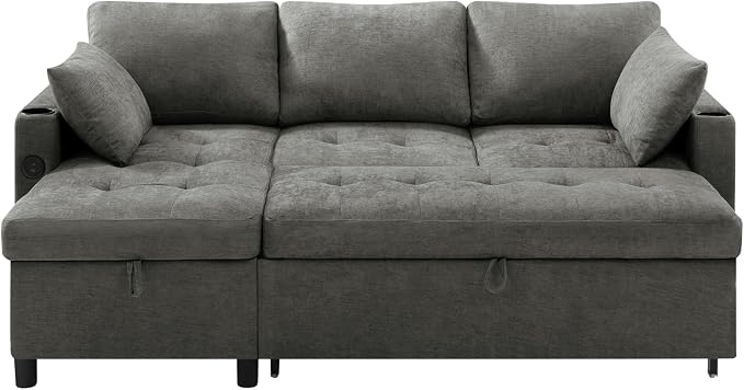 84" L-Shape Reversible Sectional Sofa Bed w/USB Port, Light Grey | Upholstery Sleeper Couch w/Adjustable Backrests & Storage Chaise, Chenille Modern Sofa w/Pull-Out Bed for Living Room