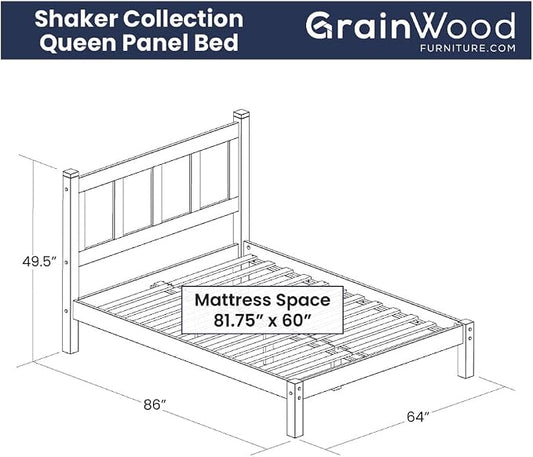 Grain Wood Furniture Shaker Solid Wood Panel Platform Bed, Queen Size, Walnut