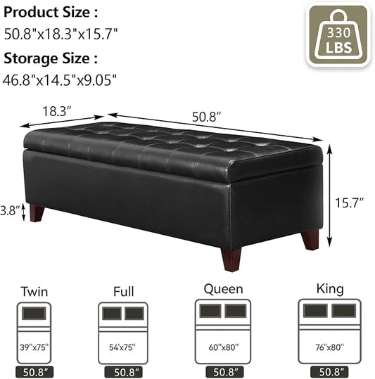Joveco Storage Ottoman Bench, 51 Inch Leather Tufted Upholstered Bench for End Foot of Bed, Bedroom, Living Room, Black
